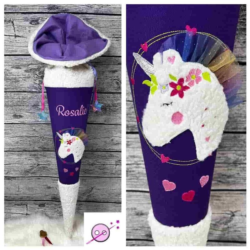 Schultüte aus Stoff  mit Namen und  Einhorn Motiv.  Lila Stoff im Motivteil. Die Spitze und das Verschlussteil machen wir aus tollem Teddystoff in Wollweiß. 