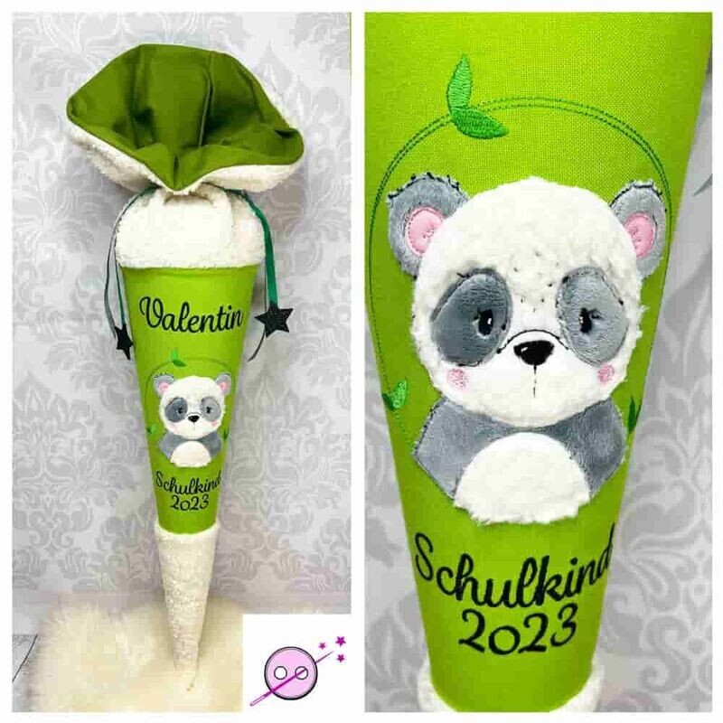 Pandabär Kuschel Schultüte Schultüte aus Stoff in grün mit einem Pandabären