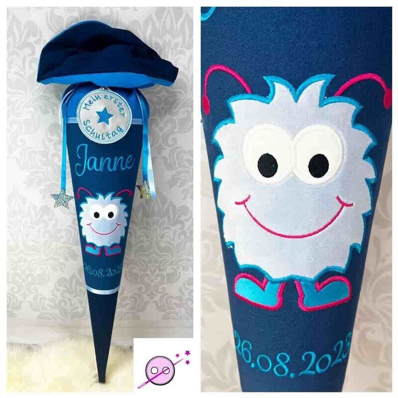 Schultüte Plüsch Monster Schultüte Plüsch Monster aus Stoff individuell mit Namen für Jungen und Mädchen. Ein süßen hellblaues Monster aus Plüschstoff auf einer Zuckertüte in verschiedenen blautönen.
