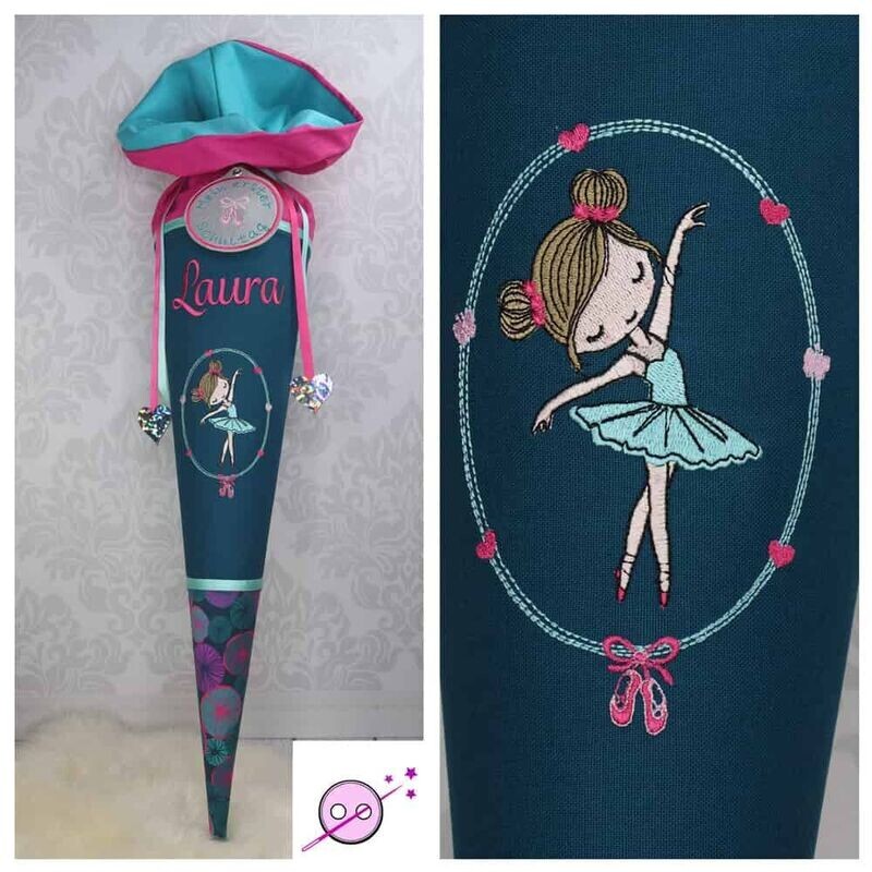 Schultüte Ballerina Schultüte Ballerina mit Name aus Stoff genäht für Mädchen. Die Schultüte ist wundervoll bestickt in den Farben Petrol, smaragdgrün und Magenta.