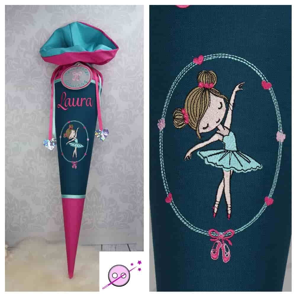 Schultüte Ballerina petrol/magenta mit Namen individuell aus Stoff bestickt mit einer goldigen Ballerina