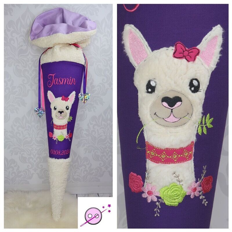 Lama Kuschel Schultüte lila Schultüte mit einem Lama aus Teddystoff