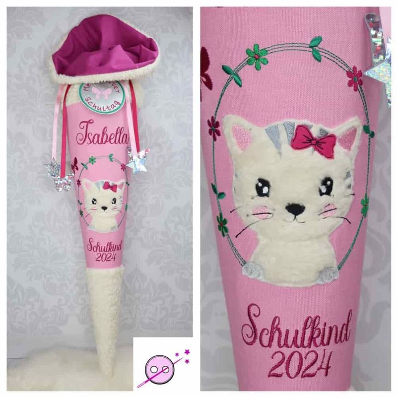 Katze Kuschel Schultüte Schultüte aus Stoff mit einer getickten weißen Katze