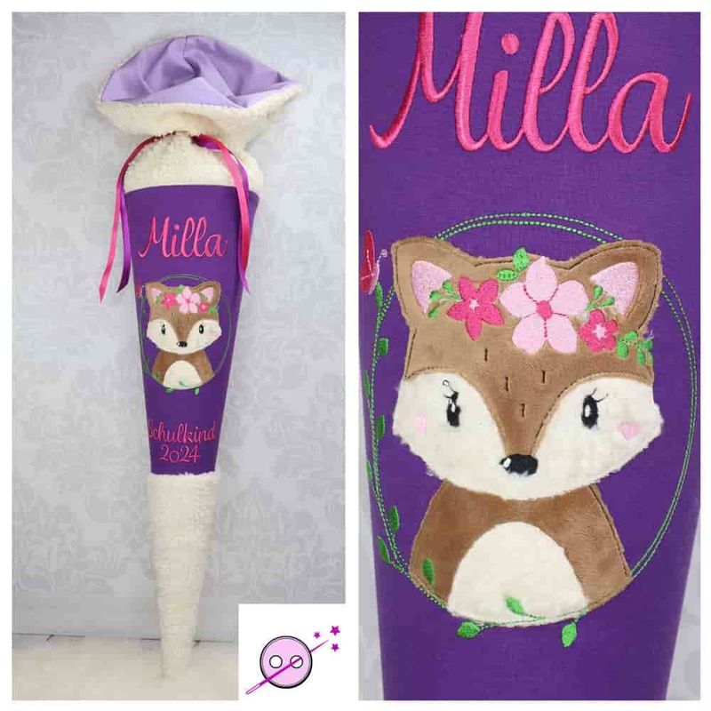 Fuchs Kuschel Schultüte lila Schultüte aus Stoff mit einem bestickten Fuchs