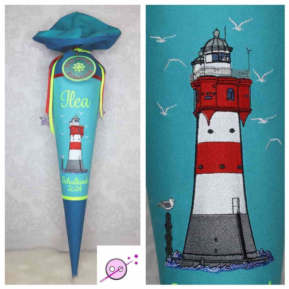 Schultüte mit Leuchtturm bestickt für Mädchen individuell mit Namen aus Stoff. Eine Zuckertüte mit einem Leuchtturm in wunderschönen türkisfarben. 