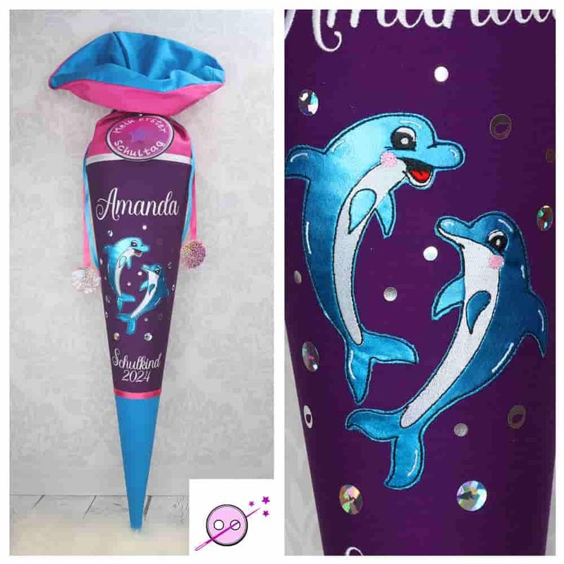 Delfin Schultüte Delfin Schultüte aus Stoff individuell mit Namen für Mädchen. Diese zauberhafte Zuckertüte hat Schimmerdelfine und Blubberblasen im Motiv. Die Farben sind türkis, lila un pink