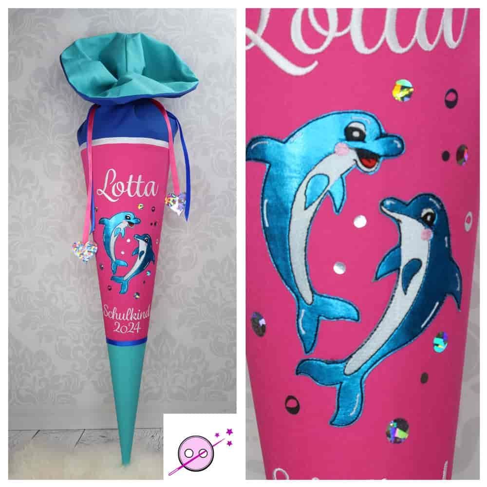 Schultüte mit tanzenden Motiven aus Stoff individuell mit Namen für Mädchen. Eine wunderschöne Delfin Zuckertüte mit Blubberbalsen in blau, smaragdgrün und meganta
