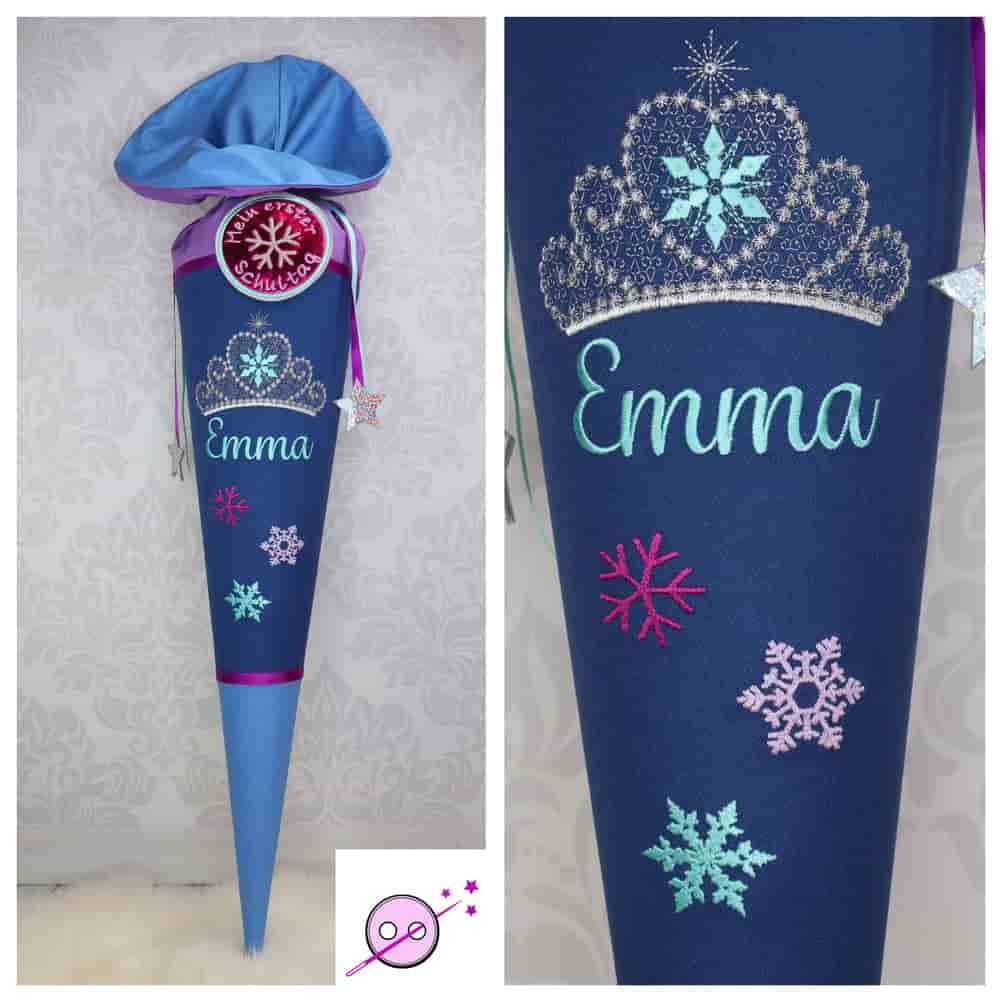 Schultüte Krone und Schneeflocken blau individuell mit Namen für Mädchen aus Stoff. Eine aufwendig bestickte Zuckertüte mit einer Krone aus silber und verschieden Farbigen Schneeflocken. 