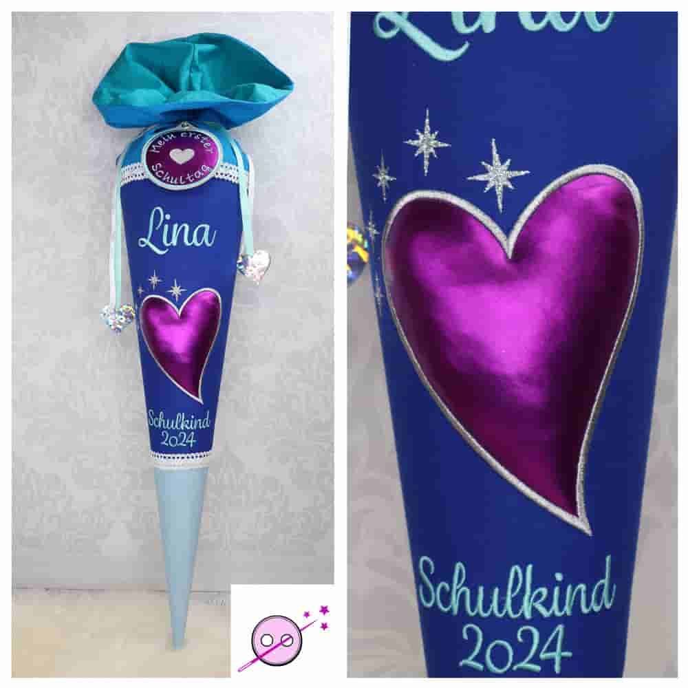 3D Schultüte mit schimmerndem Herz mit Namen individuell für Mädchen aus Stoff. Der Hintergrund ist royalblau die Spitze und der Verschluss ebenfalls in verschiedenen Blautönen.