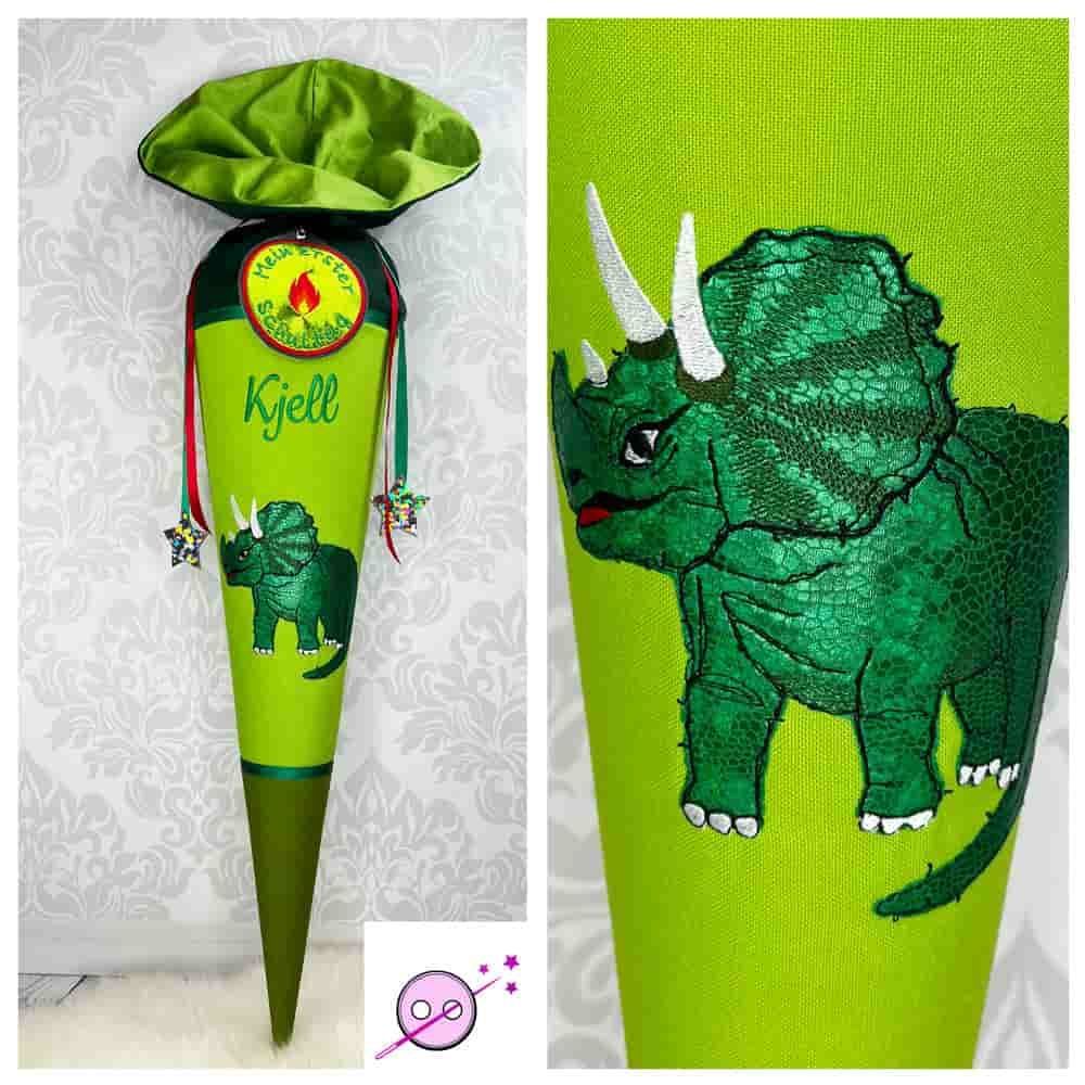Triceraptos Schultüte Dino in 4 Grüntönen bestickt, individuell mit Namen für Jungen. Auf der Schultüte ist ein Grün schimmernder Triceraptos gestickt. Die Schultüte hat 4 verschiedne grüne Stoffe.