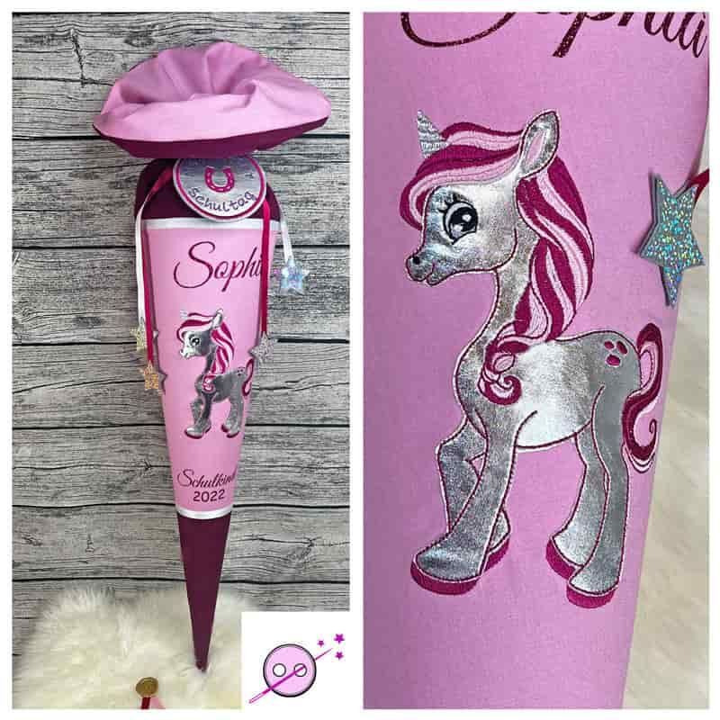 Schultüte Einhorn silber Schultüte weinrot und rosa mit einem silbernen Einhorn