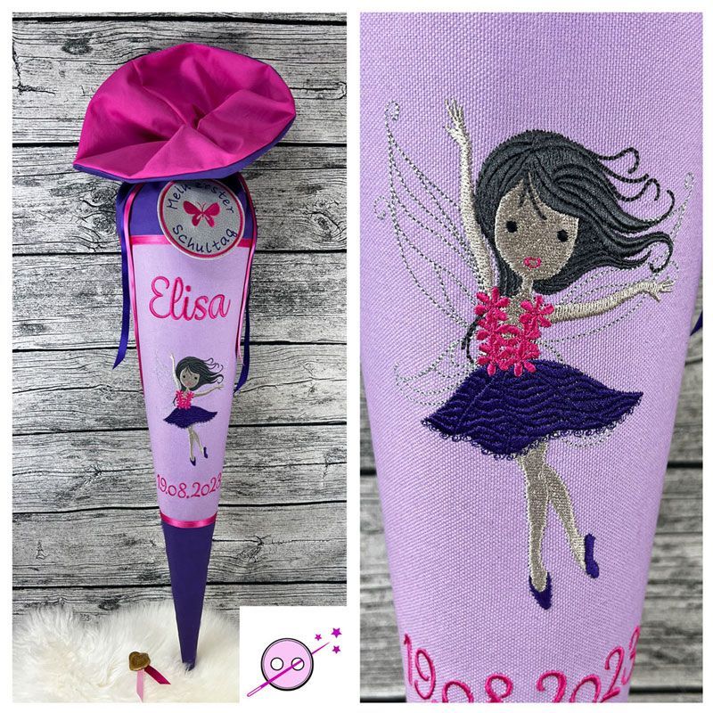 Schultüte Fee Schultüte Fee mit Name aus Stoff individuell für Mädchen. Diese Schultüte ist ein Traum in magenta und Lila. Im Motivteil ist eine aufwendig bestickte Fee farblich zur Zuckertüte abgestimmt.