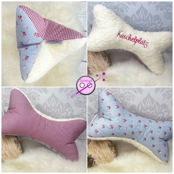 Lesekissen - Leseknochen in magenta und blau mit Blümchen. Eine tolle Geschenkidee. Eine Seite ist in cremefarbenen Teddystoff den wir nach wunsch bestickenl eine Seite ist aus magenta Vichykaro und die dritte Seite mit blauem Stoff und magenta Blümchen. 