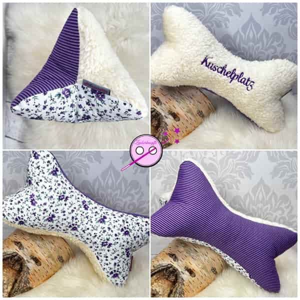 Lesekissen - Leseknochen wundervoll und hochwertig verarbeitet. Eine Seite ist aus dickem Teddystoff, den wir nach Wunsch besticken. Die anderen Seiten haben verschiedene Stoffe in lila