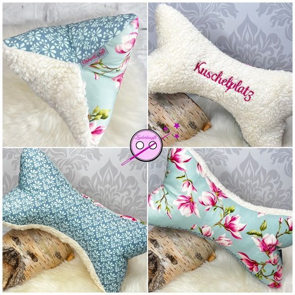 Lesekissen - Leseknochen smaragd mit Blumen. Die erste Seite ist aus hellem Teddystoff bestickt mit dem Wort Kuschelstoff. Die zweite und dritte Seite hat verschiedene Blumenmuster. 