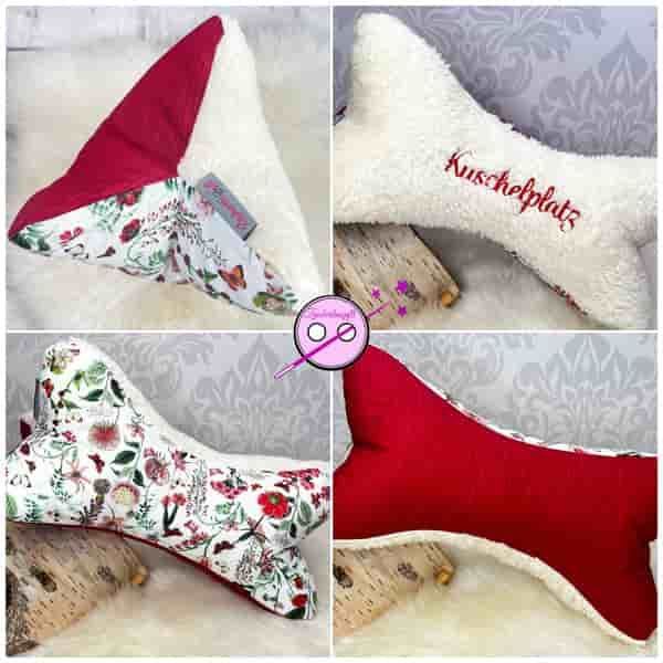 Lesekissen - Leseknochen rot mit Blumen. Individuell bestickt nach Wunsch. Eine Seite ist aus kuschelweichem Teddystoff. Bestickt mit dem Wort Kuschelplatz. Eine Seite ist rot gestreift und die dritte Seite ist mit bunten Blumen.