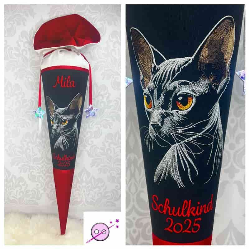 Schultüte Sphynx Katze Schultüte Sphynx-Katze aus Stoff wundervoll bestickt für Mädchen und für Jungs individuell mit Name. Eine Zuckertüte aufwendig und edelbestickt mit einer zarte Katze. Die Farben sind rot, schwarz und weiß.
