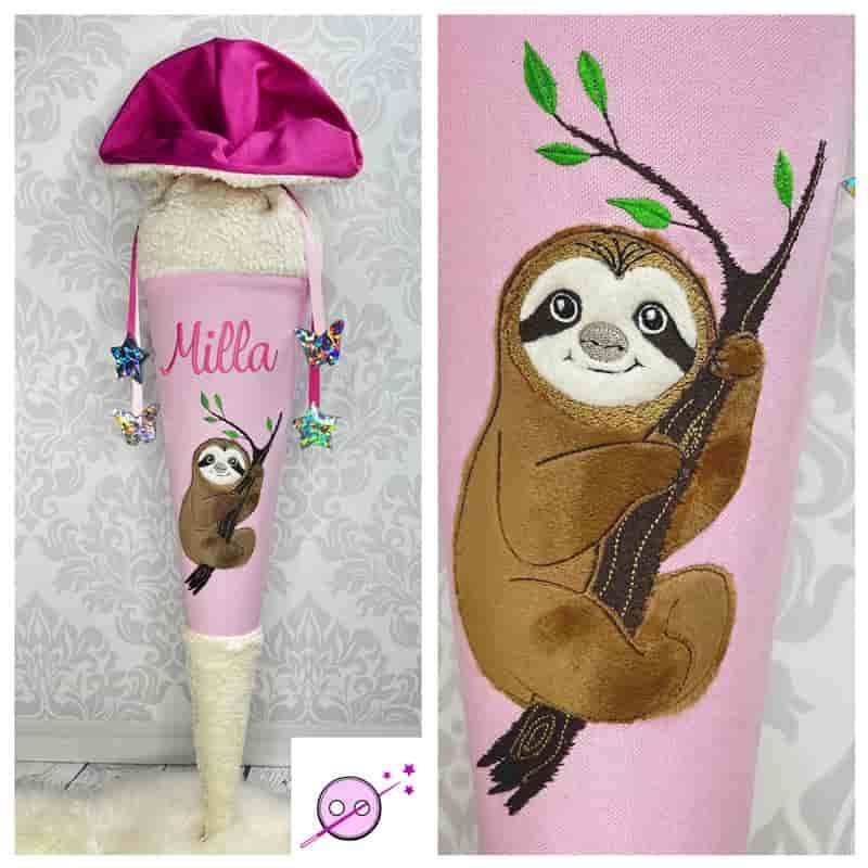 Faultier Kuschel Schultüte Eine Schultüte in rosa und magenta mit beigen Teddystoff und in der Mitte ein süßes Faultier. Die Zuckertüte ist mit Namen bestickt