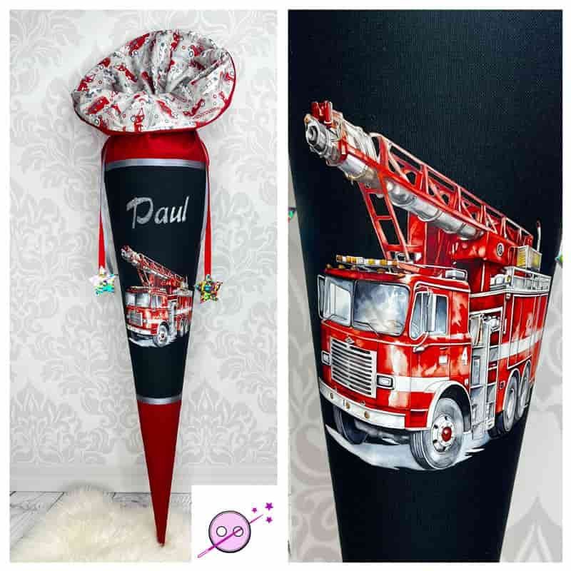 Schultüte Feuerwehr Druck Eine Schultüte aus Stoff mit einem Feuerwehrauto. Die Farben sind schwarz weiß