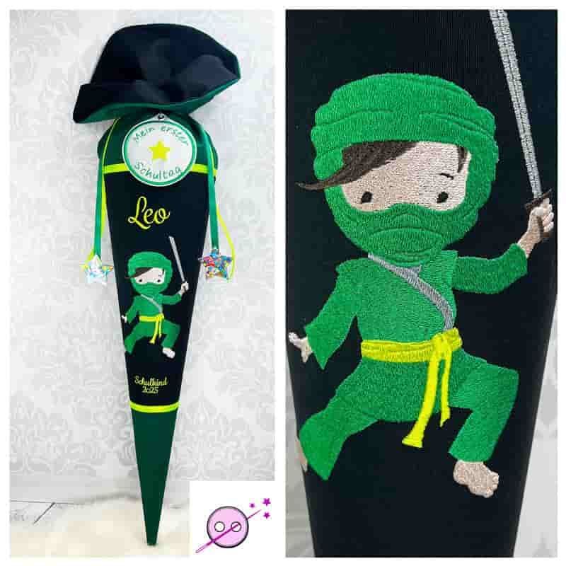 Schultüte aus Stoff mit einem bestickten Ninja in grün