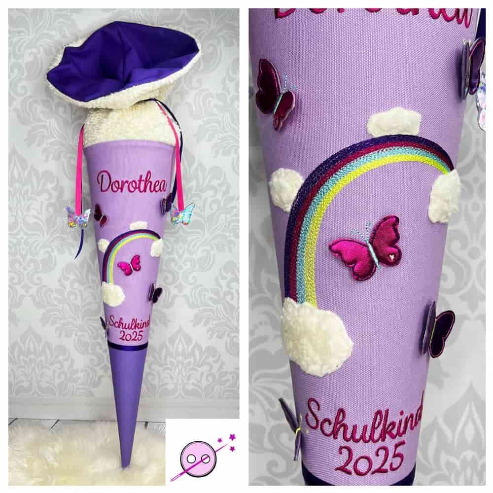 Schultüte aus Stoff mit Schmetterlingen und einem Regenbogen