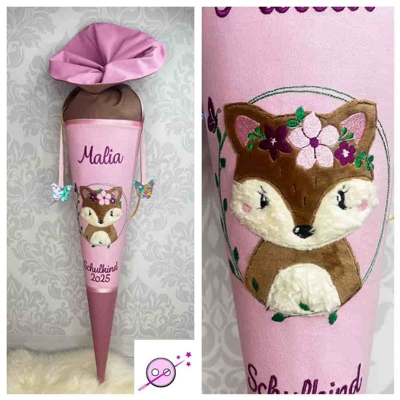 Schultüte Plüsch Fuchs Boho Schultüte aus Stoff in rosa mit einem Plüschfuchs