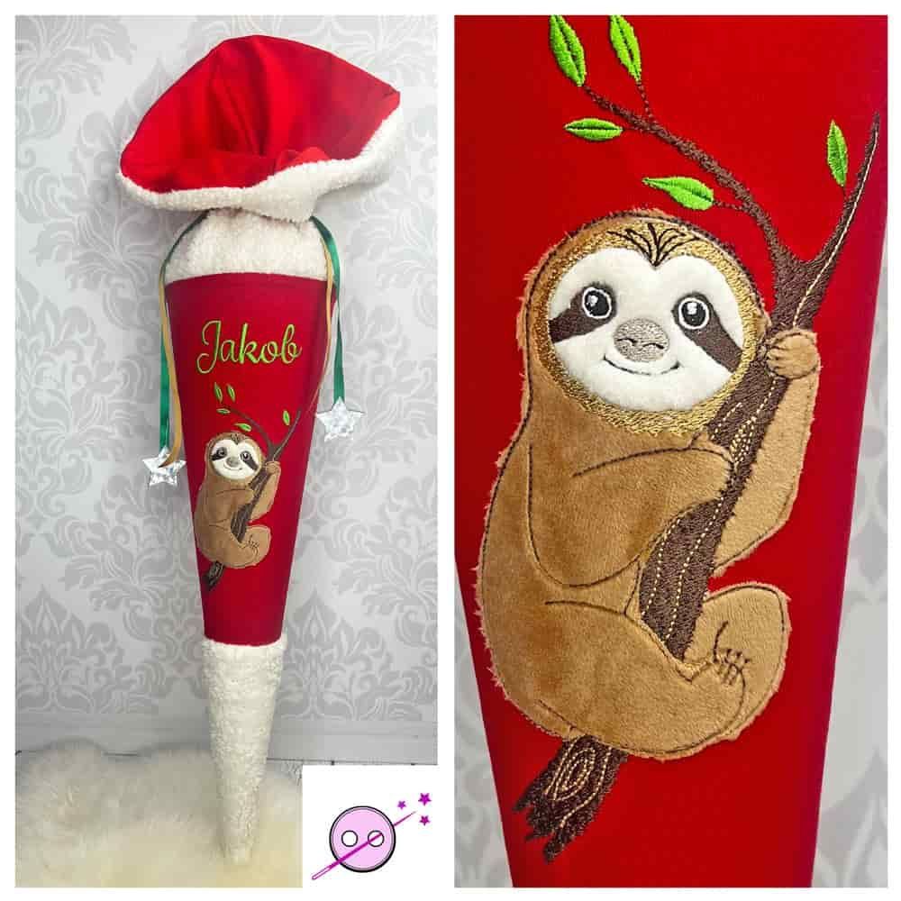 Schultüte aus Stoff in rot mit einem besticken Faultier