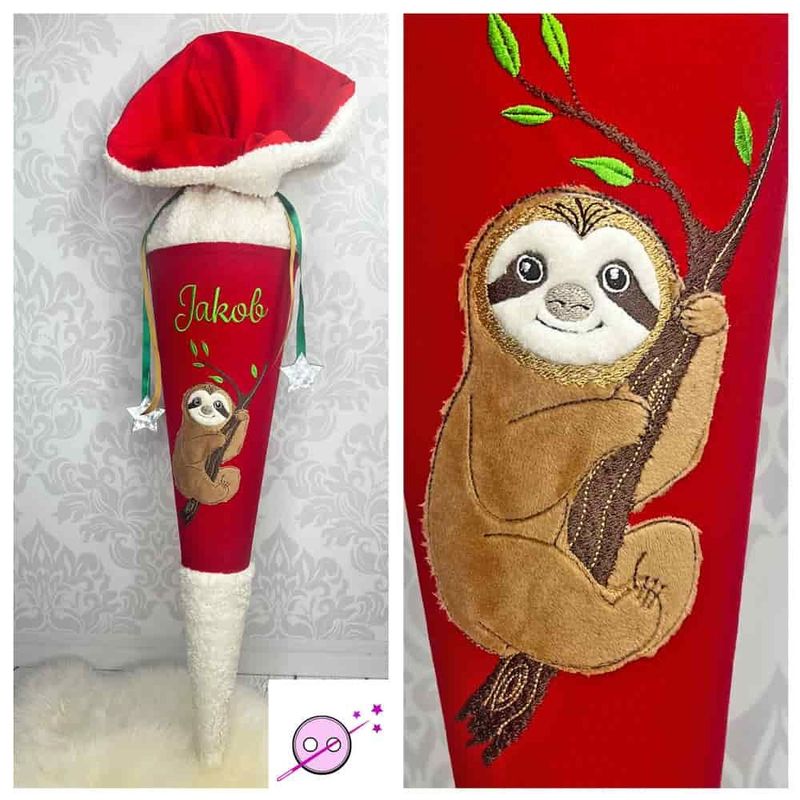 Faultier Kuschel Schultüte rot Schultüte aus Stoff in rot mit einem besticken Faultier