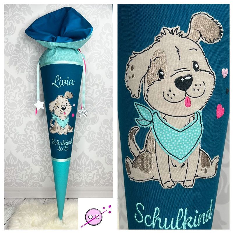 Schultüte Hund mit Halstuch Schultuete aus Stoff mit einem bestickten Hund