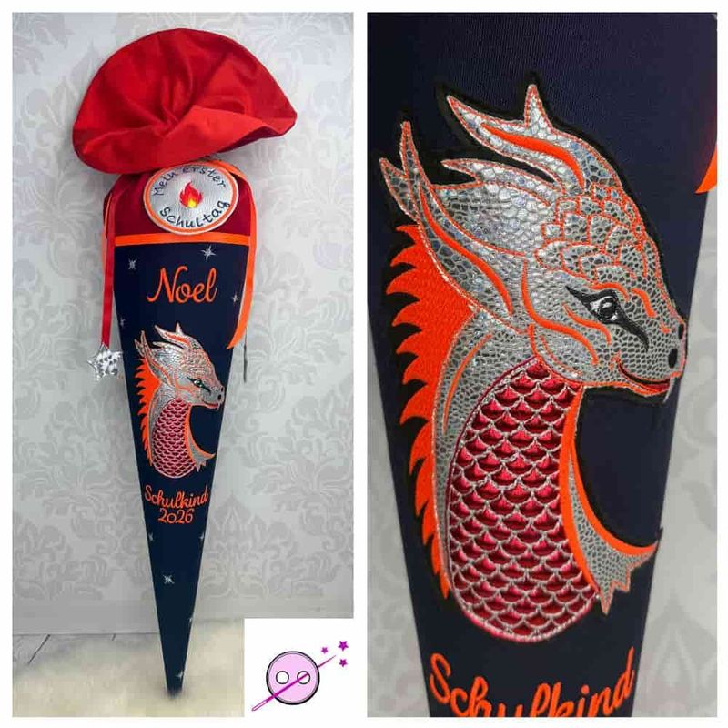 Schultüte aus Stoff mit einem großen Drachen in silber und neonorange auf navyblauen Stoff