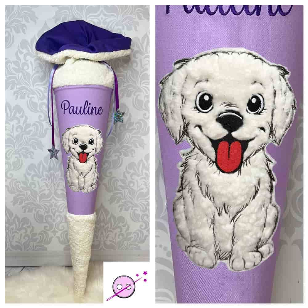 Hund Kuschel Schultüte Schultüte aus Stoff in lila mit einem Plüschhund