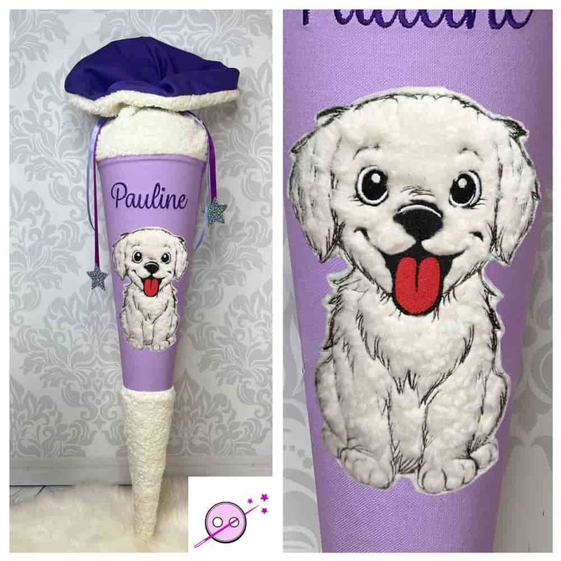 Schultüte aus Stoff in lila mit einem Plüschhund
