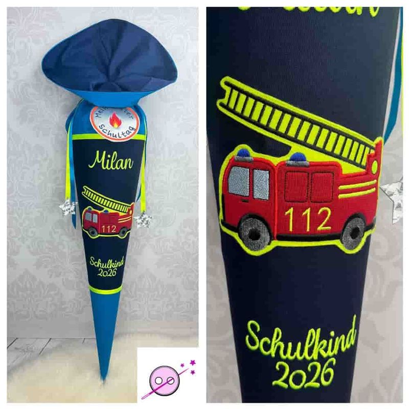 Schultüte Feuerwehr auf navyblau Blaue Schultüte aus Stoff mit einem Feuerwehrauto