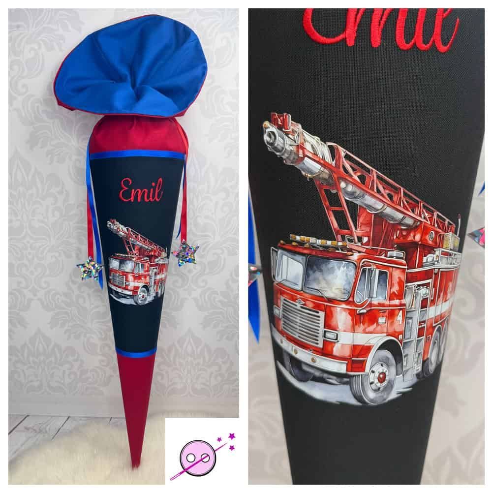 Schultüte aus Stoff in rot schwarz und blau mit einem Feuerwehrauto