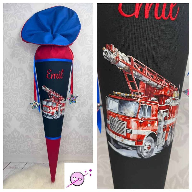 Schultüte Feuerwehr Druck 2 Schultüte aus Stoff in rot schwarz und blau mit einem Feuerwehrauto