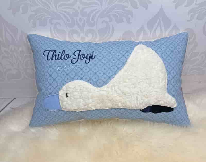 Platschente Kissen rauchblau Babykissen mit einer Ente aus Teddystoff