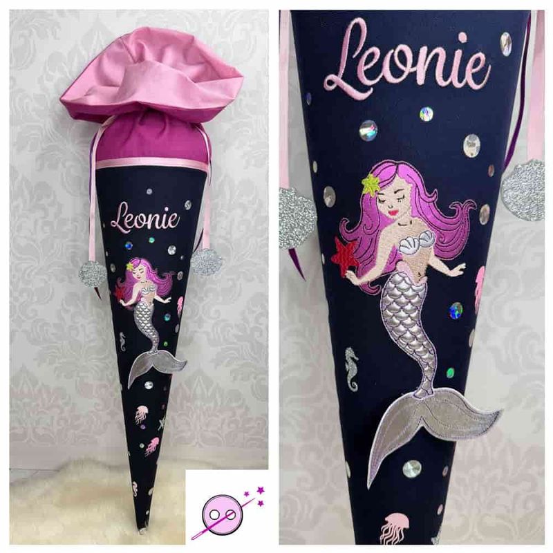 Meerjungfrau Schultüte 3D in Navyblau Schultüte aus Stoff mit einer Meerjungfrau