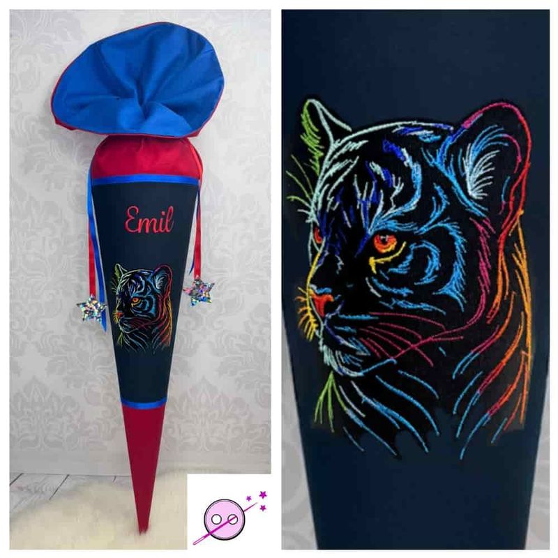 Schultüte bestickt mit buntem Tiger