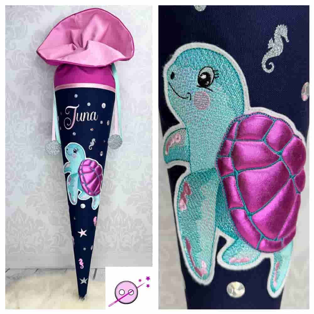 Schultüte aus Stoff mit einer Schuldkröte in 3D und ganz viel Glitzer