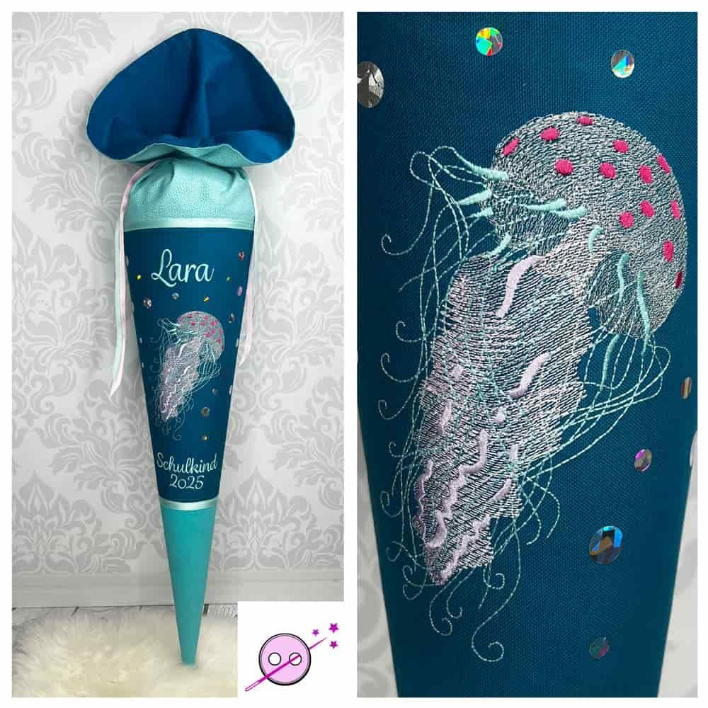 Schultüte aus Stoff mit Glitzer und einer Qualle bestickt