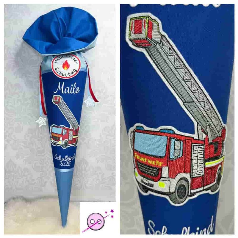 Schultüte aus Stoff mit einem bestickten Feuerwehrauto