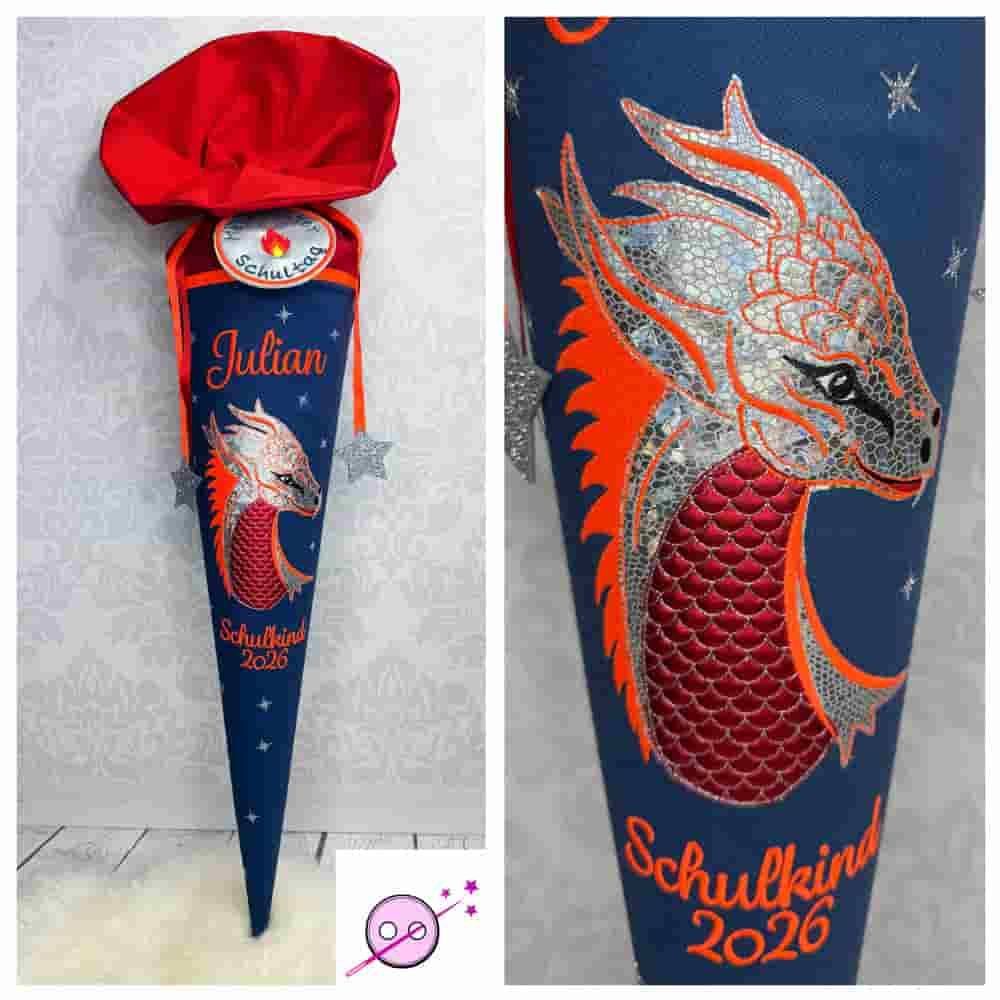 Schultüte aus Stoff mit einem Drachen in Neonorange