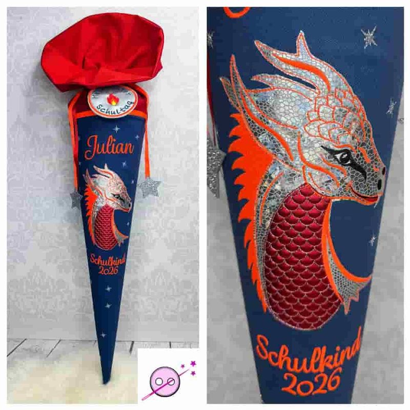 Schultüte aus Stoff mit einem Drachen in Neonorange