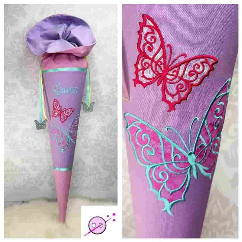 Schultüte aus Stoff mit einem bestickten Schmetterling