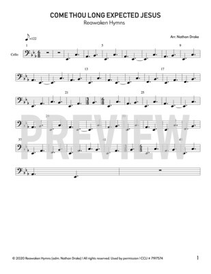 Come Thou Long Expected Jesus - Cello Sheet Music