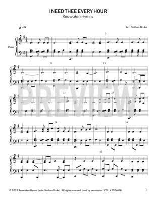 I Need Thee Every Hour - Piano Sheet Music (2 parts)