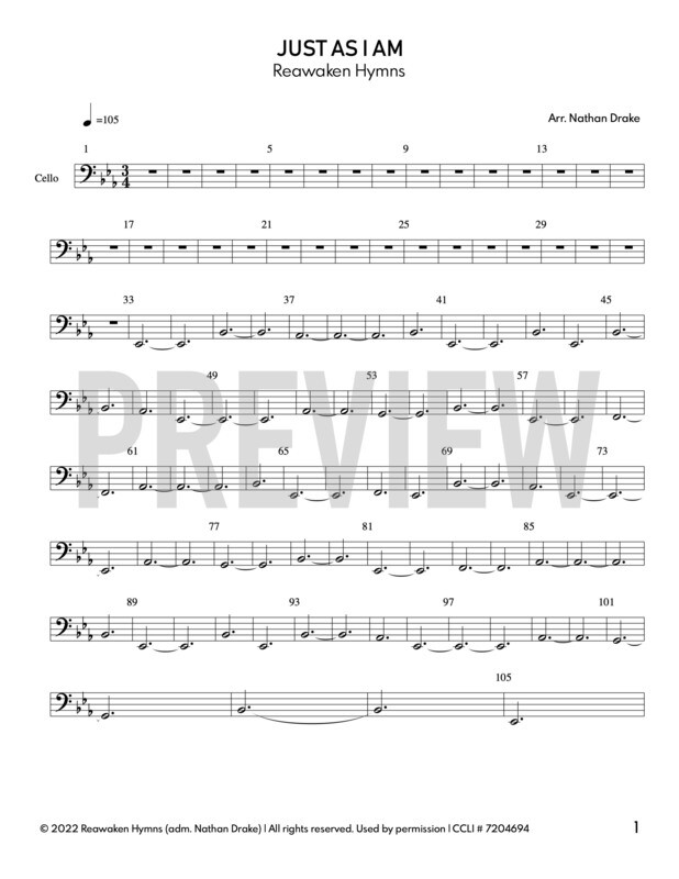 Just As I Am - Cello Sheet Music