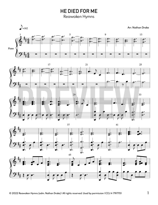 He Died for Me  - Piano Sheet Music (2 parts)