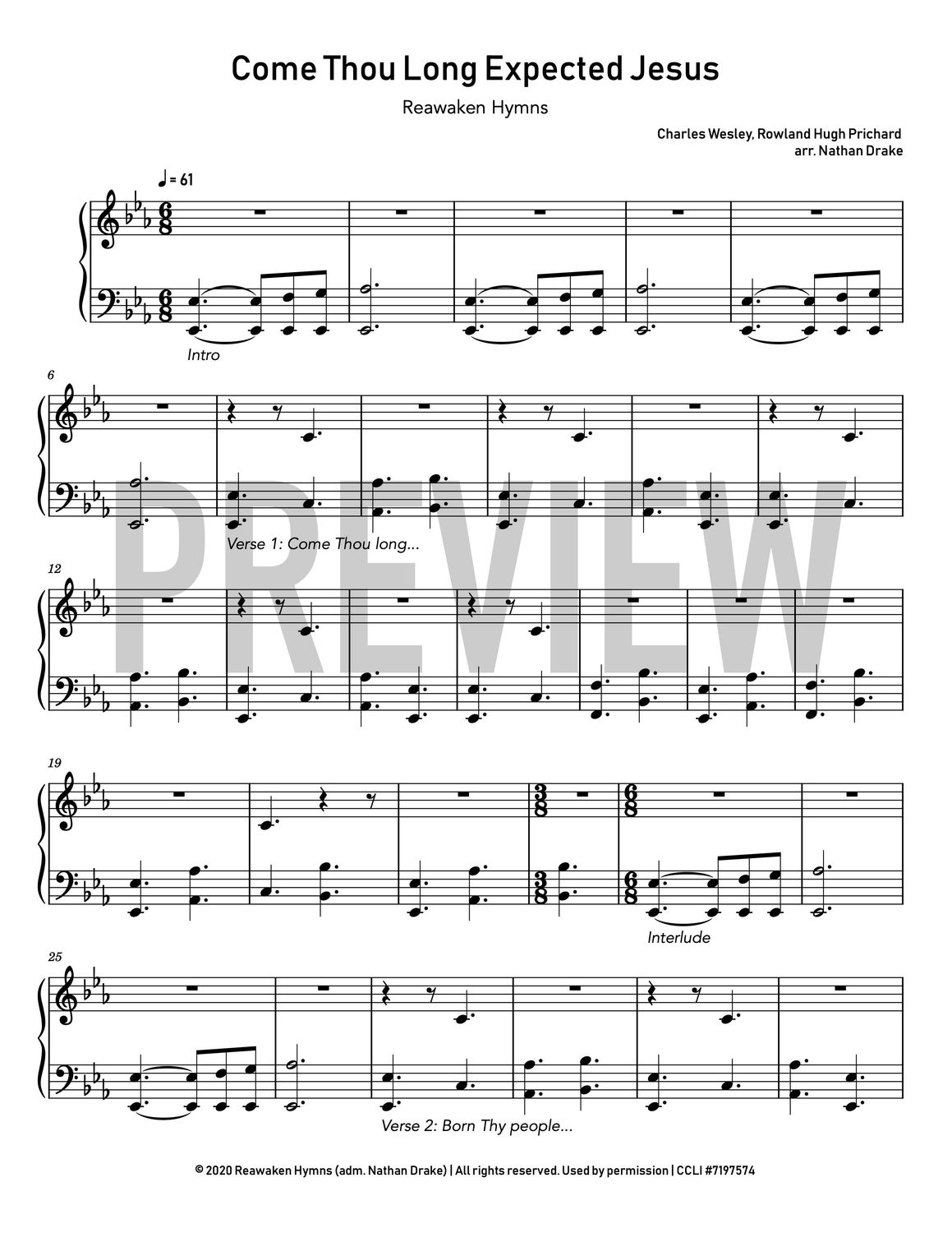 Come Thou Long Expected Jesus - Piano Sheet Music