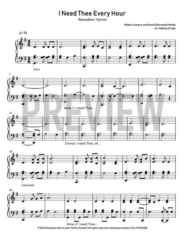 I Need Thee Every Hour - Piano Sheet Music
